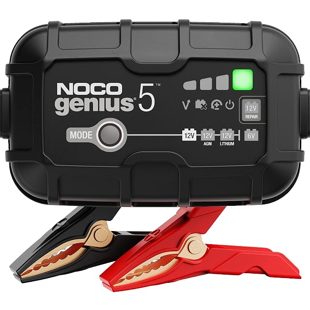NOCO GENIUS5 battery charger with clamps and ring terminals