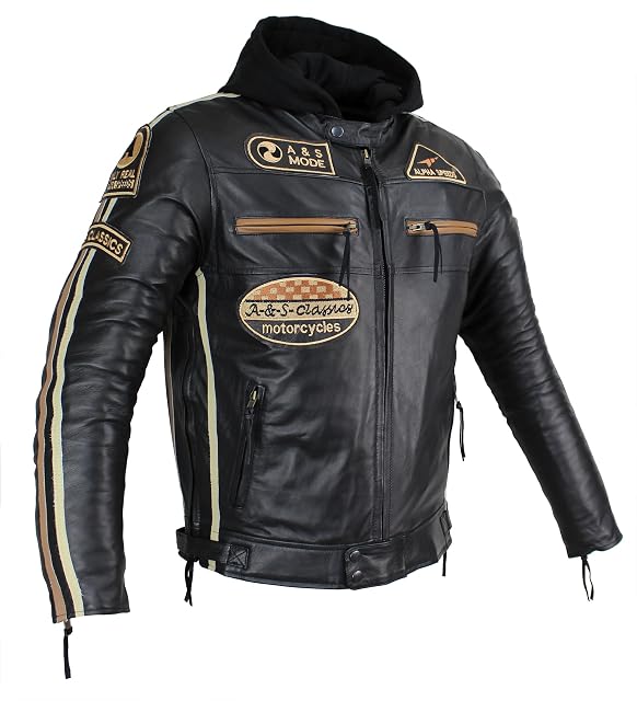ALPHA SPEEDS hooded leather riding jacket, front view