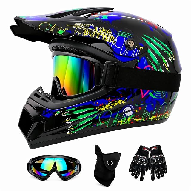 Graffiti-finish cross helmet with the supplied goggles, gloves and mask