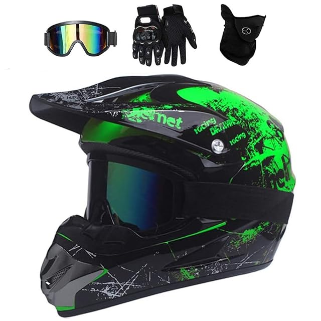 UIGJIOG cross helmet in green with the supplied goggles and gloves