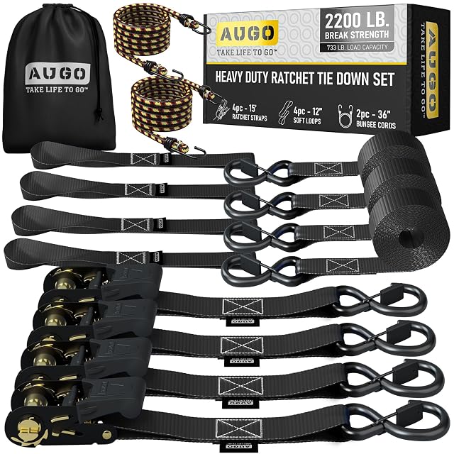 AUGO four-pack ratchet straps with soft loops and bungees
