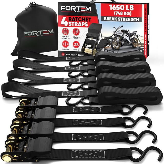 FORTEM four-pack of ratchet straps with soft loops and bag