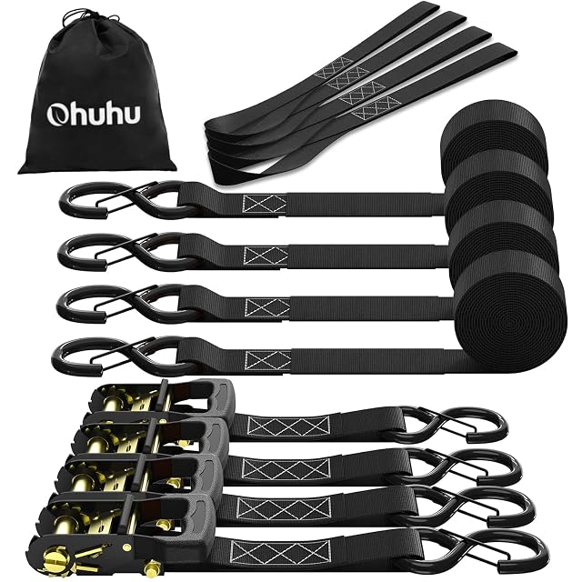 Ohuhu four-pack of black ratchet straps with S-hooks